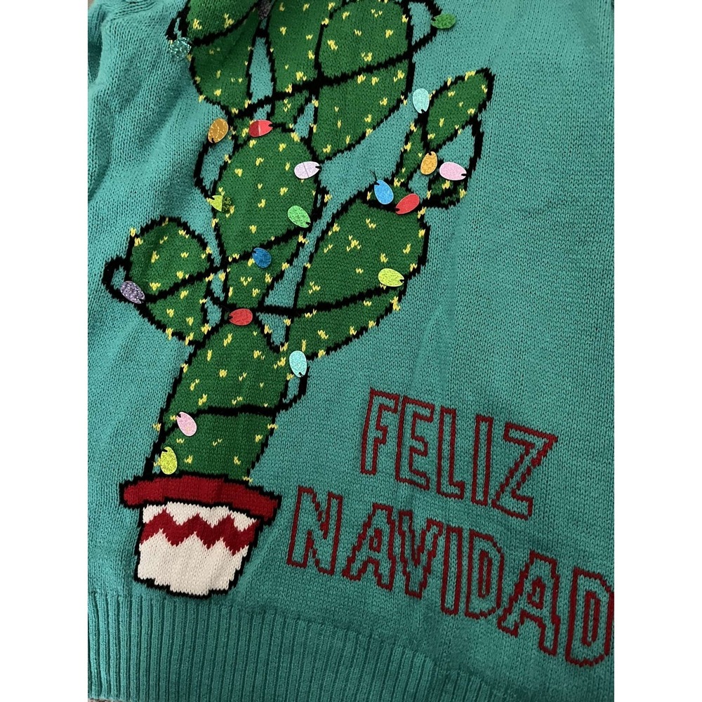 Imagin8 Mens Medium Ugly Christmas Sweater Feliz Navidad Cactus Teal Pullover - Picture 3 of 5